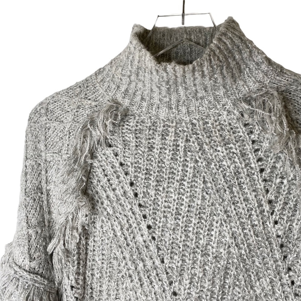 John & Jenn Chunky Mock Neck Fringe Boho Sweater Tan Grey Cream Size Medium - Picture 4 of 5